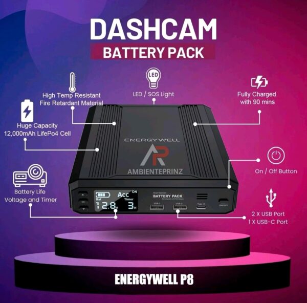 EnergyWell P8 Externe Dashcam Batterie 12.000 mAh